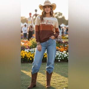 Studio One Vintage Brown & Cream Floral Embroidered Knit Sweater Size Medium